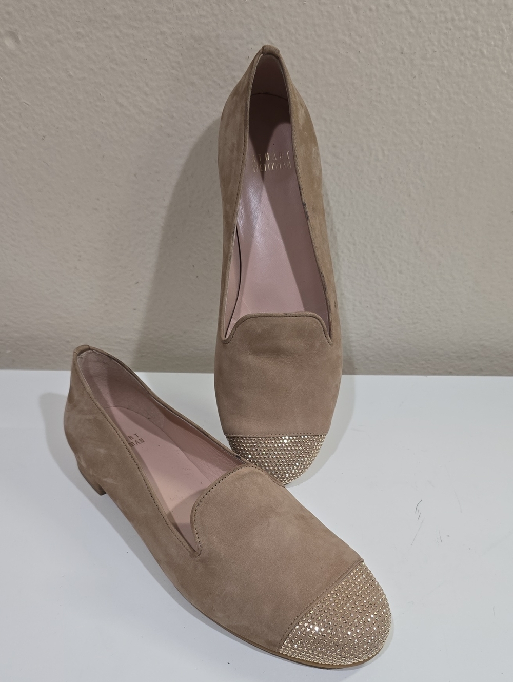 Stuart Weitzman Taupe Suede Rhinestone Cap-Toe Loafers